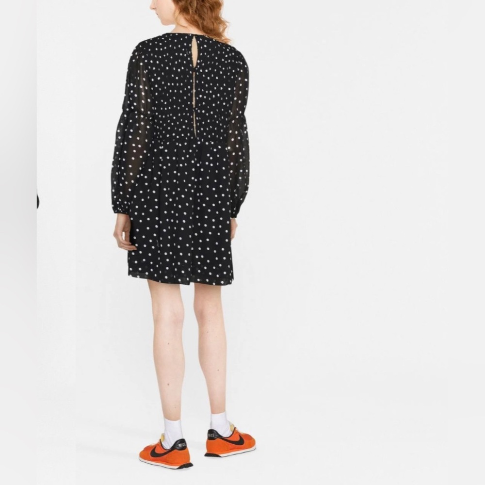 GANNI Smocked Polka Dot Chiffon Mini Dress, Black size 4 NWOT